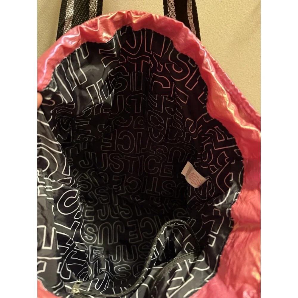 Justice Shiny Pink Quilted Tote with Black & Silver Straps EUC